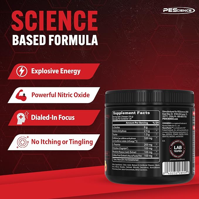 PEScience Prolific Pre Workout Powder, Sour Peach Candy, 40 Scoop, Energy Supplement with Nitric Oxide, KK Fit Signature Flavor