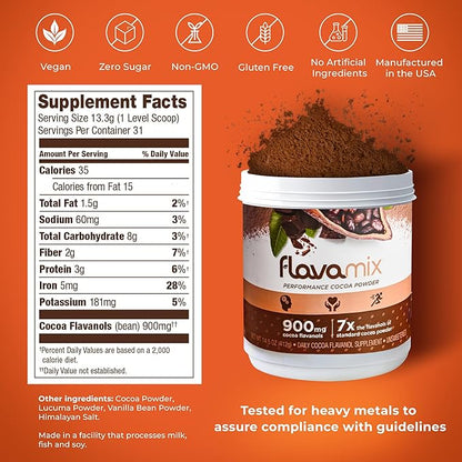 FlavaMix Performance Cocoa Powder | 900mg of Cocoa Flavanols | Promotes Heart & Brain Function | Boosts Nitric Oxide | Plant Based, Zero Sugar | 31 Servings