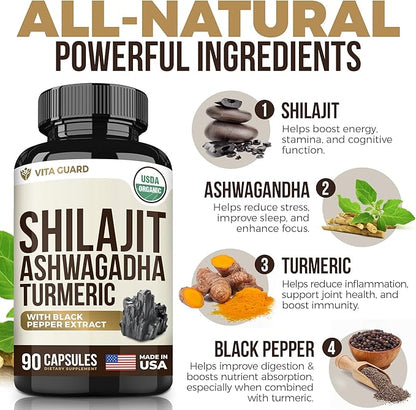 Himalayan Shilajit with Turmeric Curcumin & Ashwagandha - 1610mg High Potency Vegan Capsules, Fulvic Acid, 95% Curcuminoids for Joint Support, Mood Enhancement, Immune Boost, 90 Count