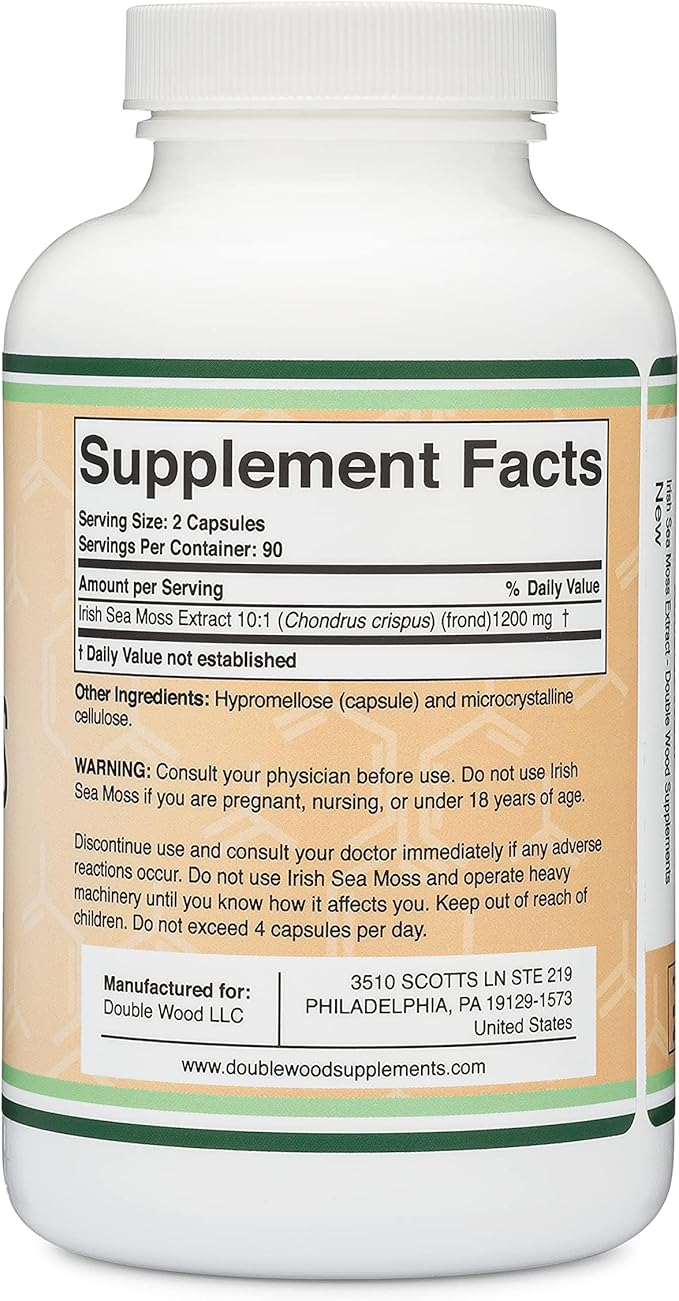 Irish Sea Moss Capsules, More Potent Than Sea Moss Gel Extract (180 Count, 1,200mg per Serving) (from Wildcrafted and Raw Chondrus Crispus) Nutrient Rich Superfood High in Minerals by Double Wood