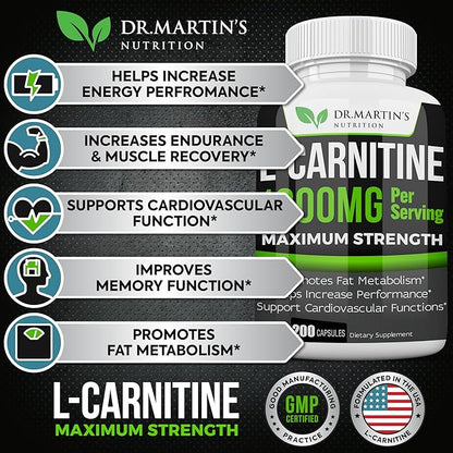 DR. MARTIN'S NUTRITION Extra Strength L-Carnitine - 200 Capsules - 1000mg Per Serving - Boost Your Metabolism and Increase Performance