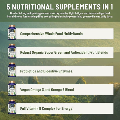Whole Food Multivitamin for Women Daily Multi Vitamins Supplements for Men Mens Multivitamins + B Complex, Probiotic Multi Enzyme, Omegas for Organic Energy Mood Digestion 90ct-4pk
