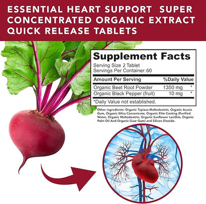 USDA Plant.O Premium Organic Beet Root Tablets [1350mg Beets Powder] with Black Pepper for Extra Absorption - Nitric Oxide Supplement