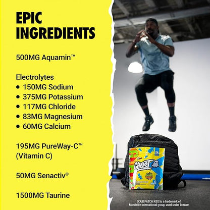 GHOST Hydration Packets, Sour Patch Kids Blue Raspberry, 24 Sticks, Electrolyte Powder - Drink Mix Supplement with Magnesium, Potassium, Calcium, Vitamin C - Vegan, Free of Soy, Sugar & Gluten