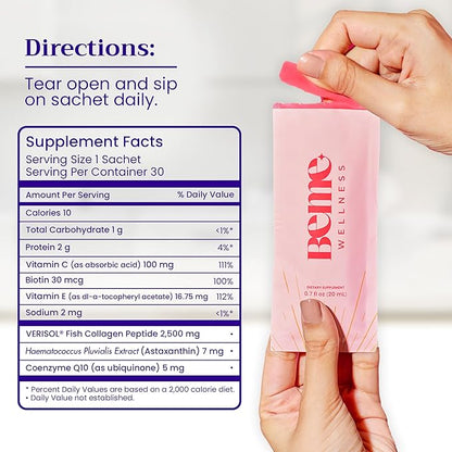 BeMe Liquid Collagen for Women – 2,500mg Marine Collagen Drink, Hydrolyzed Peptides, Biotin, CoQ10, Vitamin C and E Shots, Hair, Nail, & Skin Health Supplement – Be Radiant Peach Flavor – 15 Packets