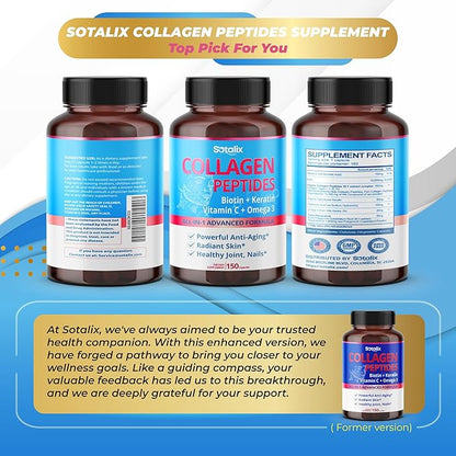 Collagen Peptides 16,780 mg with Biotin + Keratin, Vitamin C + Omega 3 - Radiant Skin, Healthy Joint, Nails - USA Made & Tested (150-day Supply)