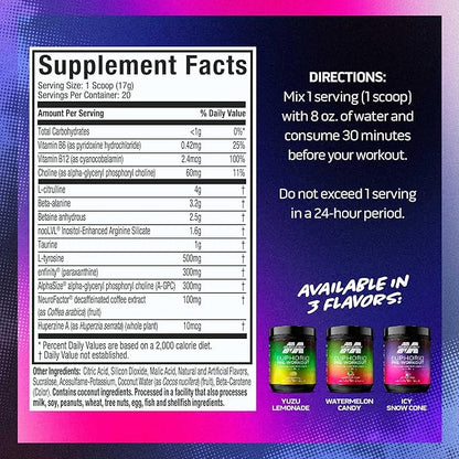 Pre Workout Powder MuscleTech EuphoriQ PreWorkout Smart Pre Workout Powder for Men & Women Caffeine Metabolite Fueled with Paraxanthine Yuzu Lemonade (20 Servings)