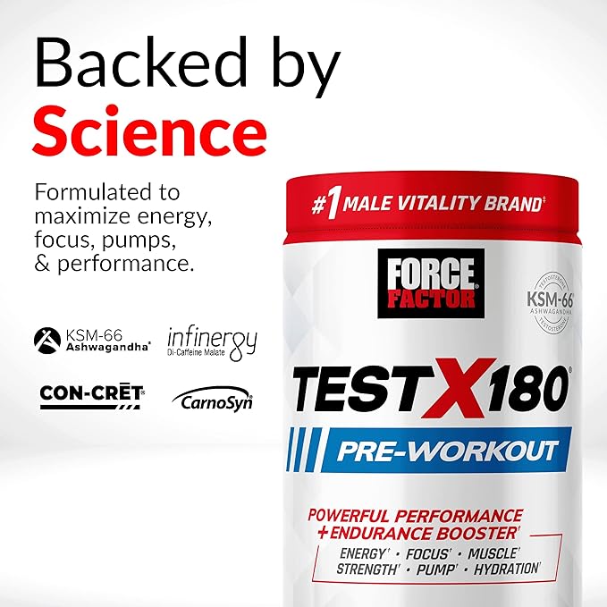 Force Factor Test X180 Pre-Workout Powder & Energy Supplement, Boost Focus & Endurance, Build Muscle & Strength, Nitric Oxide Supplement with Ashwagandaha & L-Citrulline, Blue Raspberry, 30 Servings
