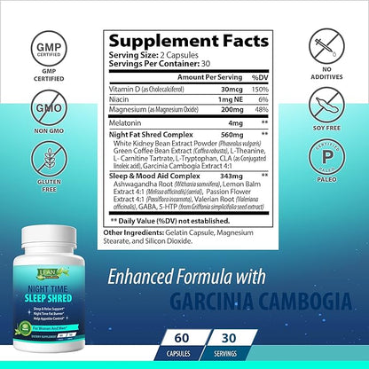 Weight Loss Sleep Aid Night Time Shred Fast Fat Burner, Melatonin L-theanine Cla Ashwagandha Valerian Root 5HTP Pill, Appetite Suppressant Metabolism Booster Calm Supplement for Women Men, 60 Capsule