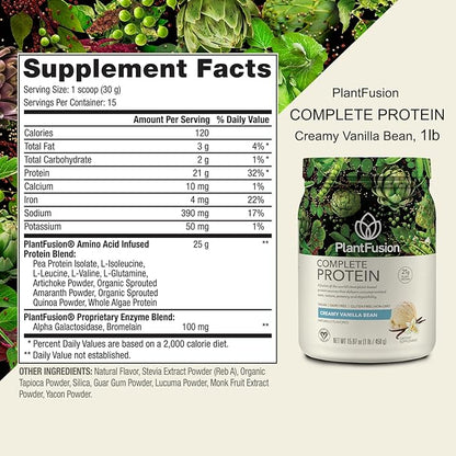PlantFusion Complete Vegan Protein Powder - Plant Based Protein Powder With BCAAs, Digestive Enzymes and Pea Protein - Keto, Gluten Free, Soy Free, Non-Dairy, No Sugar, Non-GMO - Vanilla Bean 1 lb