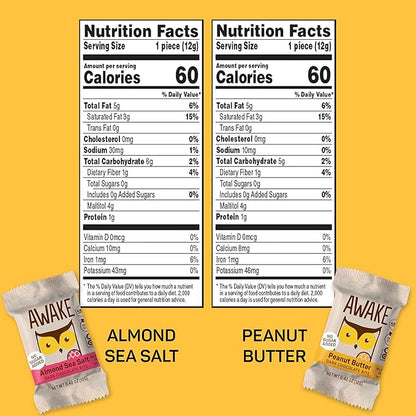 AWAKE - Caffeinated Chocolate Bites - Variety Pack (No Sugar Added), 50 Bites - Almond Sea Salt & Peanut Butter Dark Chocolate - 50mg Caffeine - Coffee Alternative - Fairtrade, Gluten Free - 0.48oz