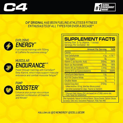 Cellucor C4 Original Pre Workout Powder Strawberry Margarita | Vitamin C for Immune Support | Sugar Free Preworkout Energy for Men & Women | 150mg Caffeine + Beta Alanine + Creatine | 60 Servings