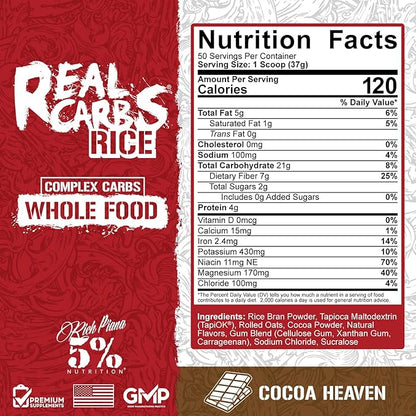 5% Nutrition Rich Piana Real Carbs Rice with Real Food Complex Carbohydrates, Long-Lasting Low Glycemic Energy for Pre-Workout/Post-Workout Recovery Meal, 3.5 lb, 40 Servings (Cocoa Heaven)