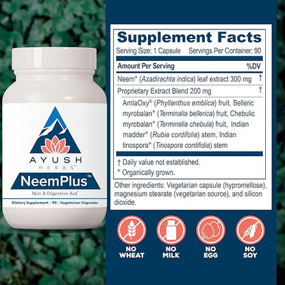 Ayush Herbs Neem Plus - Digestive Health for Women & Men, Gut Support Supplement for Stomach & Skin Health, Immune Support - 90 Vegetarian Capsules (1 Count)
