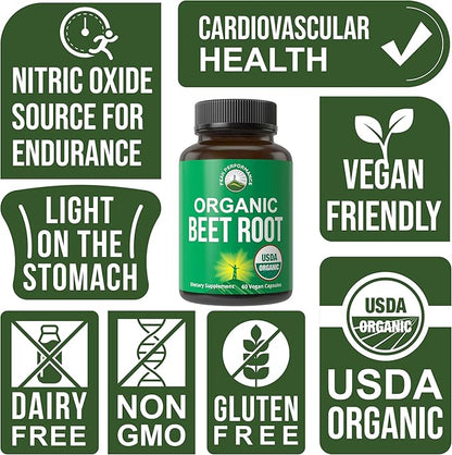 USDA Organic Beet Root Vegan Capsules. Beets Juice Powder Super Food Pills 1200 mg. Nitric Oxide Energy Boosting Beetroot Extract Capsules. Polyphenol Support Supplement for Women and Men