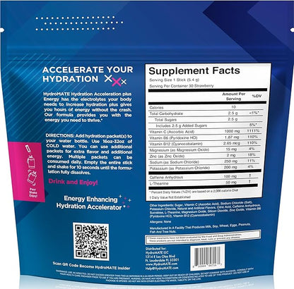 NatureWorks HydroMATE Electrolytes Powder Drink Mix Packets Hydration Accelerator Low Sugar Rapid Party Relief Recovery Vitamin C Plus Caffeine Strawberry 30 Count