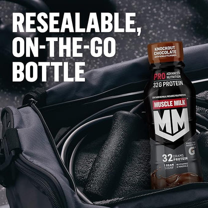 Muscle Milk Pro Advanced Nutrition Protein Shake, Knockout Chocolate, 14 Fl Oz Bottle, 12 Pack, 40g Protein, 1g Sugar, 16 Vitamins & Minerals, 6g Fiber, Workout Recovery, Packaging May Vary