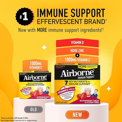 Airborne 1000mg Vitamin C with Vitamin D & Zinc, SUGAR FREE Multivitamin Immune Support Supplement, Antioxidants Vitamins A C & Vitamin E, 30 Effervescent Tablets, Very Berry Flavor