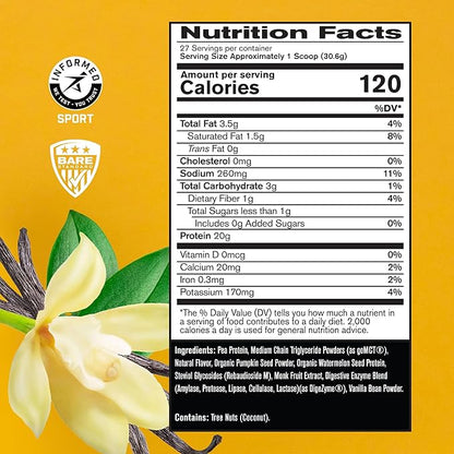 BARE PERFORMANCE NUTRITION Vegan Protein, Plant Based Protein, Pea Protein, Watermelon Protein and Pumpkin Protein, Naturally Sweetened and Flavored (Vanilla)