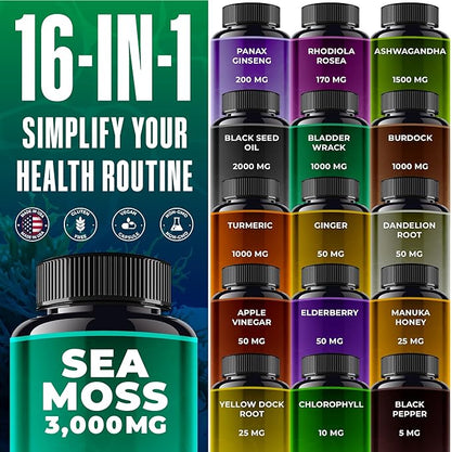 Sea Moss Black Seed Oil Ashwagandha Ginger - Advanced Irish Sea Moss Capsules All in One Supplement with Seamoss Black Seed Oil Ashwagandha Burdock Root Bladderwrack - Pills for Energy, Immune, Gut