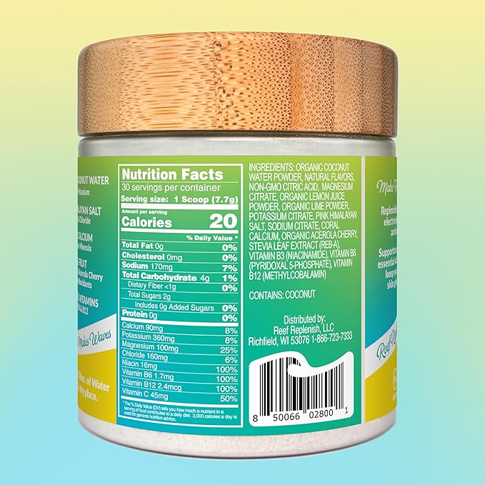 Reef Replenish Hydrating Electrolyte Drink Mix - Lemon Lime, 30 Servings - Hydration Powder w/Coconut Water - Non-GMO, No Added Sugar, 5 Key Electrolytes + Vitamins, Natural Trace Minerals, USA Made
