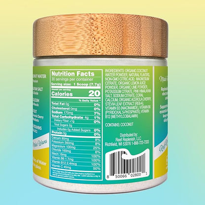 Reef Replenish Hydrating Electrolyte Drink Mix - Lemon Lime, 30 Servings - Hydration Powder w/Coconut Water - Non-GMO, No Added Sugar, 5 Key Electrolytes + Vitamins, Natural Trace Minerals, USA Made