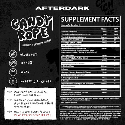 AFTERDARK INHUMAN Pre-Workout Powder, Enhanced Mind-Muscle Connection, Sustained Energy, Potent Nootropic Blend, Vegan, Gluten-Free, Soy-Free, 400mg Caffeine, No Crash, Candy Rope