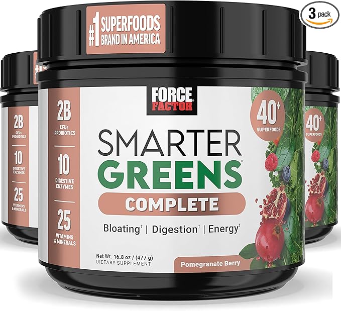 FORCE FACTOR Smarter Greens Superfoods + Digestion Powder, 3-Pack, Greens Powder with 2 Billion Probiotics, Digestive Enzymes, and Antioxidants to Detox, Cleanse, and Support Immunity, 90 Servings