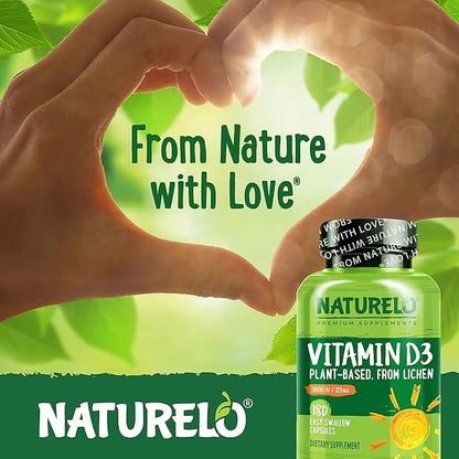 NATURELO Vitamin D - 5000 IU - Plant Based from Lichen - Natural D3 Supplement for Immune System, Bone Support, Joint Health - Vegan - Non-GMO - 180 Mini Capsules (Pack of 2)