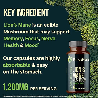 KingsMane™ Organic Lion's Mane Mushroom Supplement, Memory, Focus, & Clarity Brain Support, 1200mg, 60 Capsules