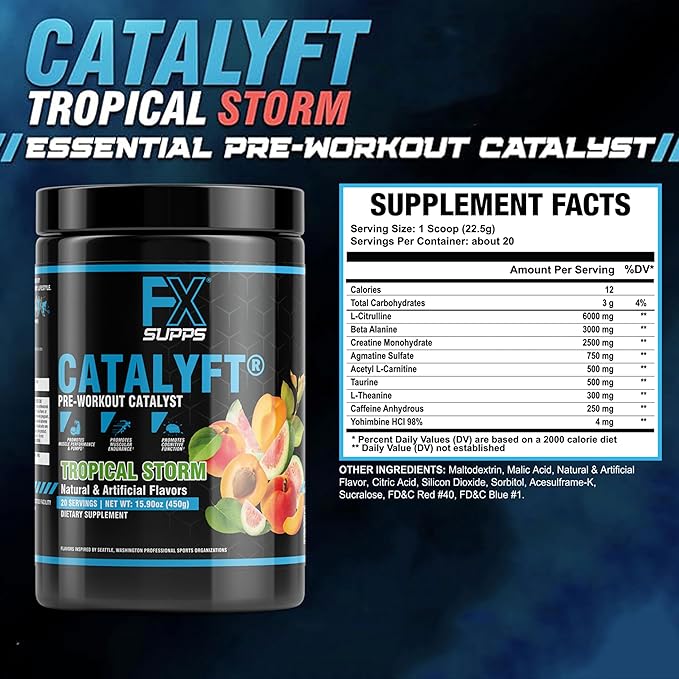 Catalyft Pre-Workout Powder Drink for Men & Women, Tropical Storm | Mix with Creatine, Caffeine & Beta-Alanine | Best for Energy Pump, Muscle Gain and Focus, 20 Servings (1-Pack)