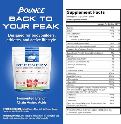 Granite Recovery for Intra & Post Workout |10g Aminos, Electrolytes, Cluster Dextrin for Muscle Recovery & Growth | Amino Acids Supplement with Sensoril | 20 Servings | Watermelon Flavor