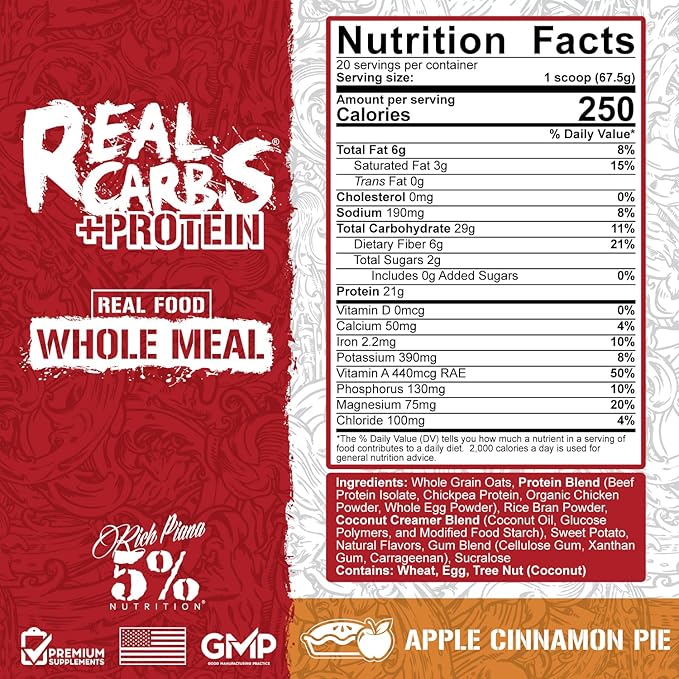 5% Nutrition Rich Piana Real Carbs + Protein | Clean Mass Gainer Protein Powder | Real Food Carbohydrate Fuel for Pre Workout/Post-Workout Recovery Meal | 2.9 lb, 20 Servings (Apple Cinnamon Pie)