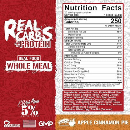 5% Nutrition Rich Piana Real Carbs + Protein | Clean Mass Gainer Protein Powder | Real Food Carbohydrate Fuel for Pre Workout/Post-Workout Recovery Meal | 2.9 lb, 20 Servings (Apple Cinnamon Pie)