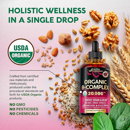 USDA Organic Vitamin B-Complex B5 Pantothenic Acid | B12 Methylcobalamin | B1 Thiamine | B6 Pyridoxine | B7 Biotin | B9 Folic | B3 Niacinamide - B Complex Liquid Drops, Made in USA Supplement, 4fl oz