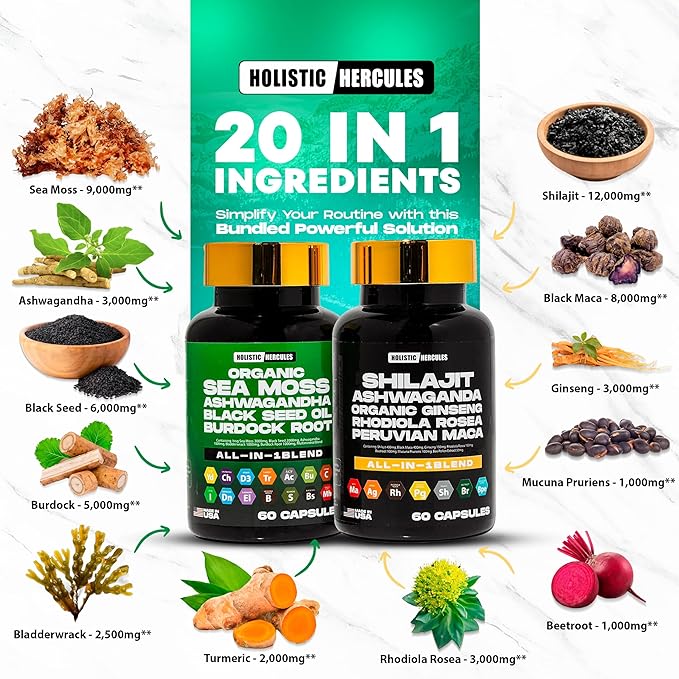 Premium Combo Bundle - Sea Moss 9000mg, Black Seed Oil 6000mg, Ashwagandha 3000mg, Shilajit 12000mg, Black Maca 4000mg, Beetroot 1000mg, All in 1 Supplements Pack
