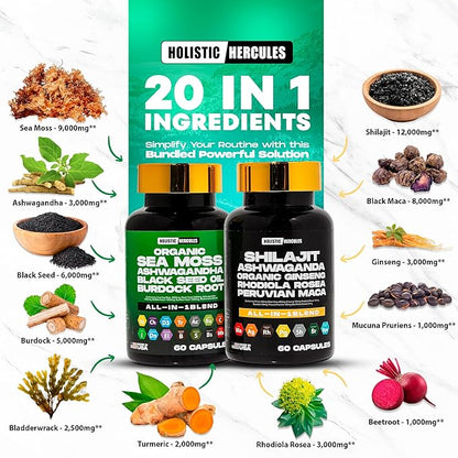 Premium Combo Bundle - Sea Moss 9000mg, Black Seed Oil 6000mg, Ashwagandha 3000mg, Shilajit 12000mg, Black Maca 4000mg, Beetroot 1000mg, All in 1 Supplements Pack