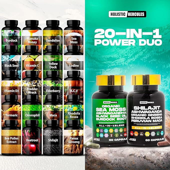 Premium Combo Bundle - Sea Moss 9000mg, Black Seed Oil 6000mg, Ashwagandha 3000mg, Shilajit 12000mg, Black Maca 4000mg, Beetroot 1000mg, All in 1 Supplements Pack