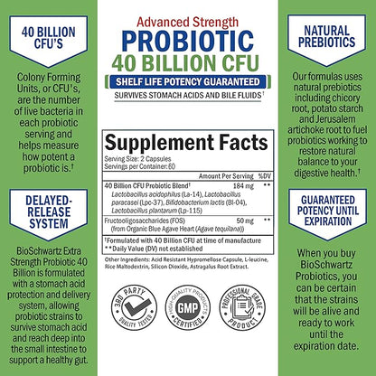 Daily Probiotic Supplement 40 Billion CFU - Gut Health Complex with Astragalus and Lactobacillus Acidophilus Probiotic for Women and Men - Shelf Stable Pre and Probiotics for Digestive Health 120 ct
