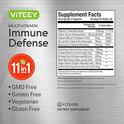 11 in 1 Multivitamin Immune Defense Supplement - Immune Booster Capsules with Vitamin D3, Vitamin B6, Echinacea, Turmeric, Rose-HIPS, Selenium, BioPerine, Ginger, Elderberry Vitamin C and Zinc