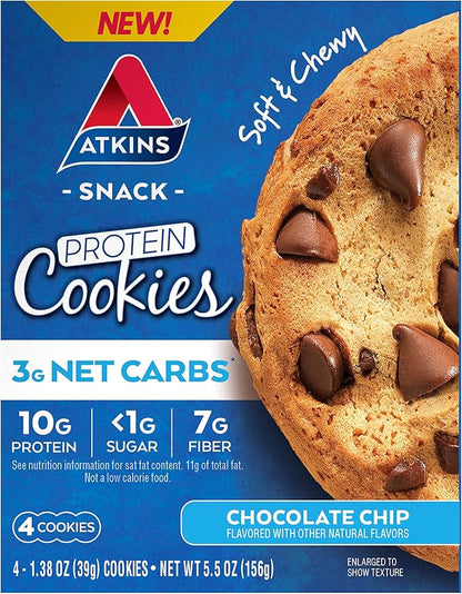 Atkins Chai Tea Latte Protein Shake with 15g Protein, 3g Net Carbs, 1g Sugar and Atkins Chocolate Chip Protein Cookie with 10g Protein, 3g Net Carbs, 1g Sugar, Keto Friendly, 4 Count