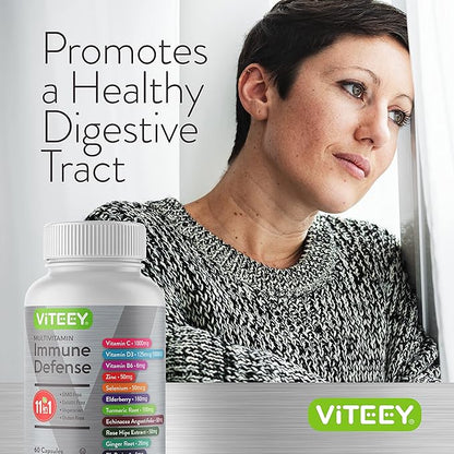 11 in 1 Multivitamin Immune Defense Supplement - Immune Booster Capsules with Vitamin D3, Vitamin B6, Echinacea, Turmeric, Rose-HIPS, Selenium, BioPerine, Ginger, Elderberry Vitamin C and Zinc