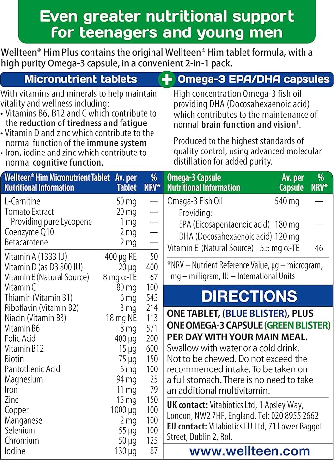 Wellteen Him Plus Omega-3 - Maximum Nutritional Support for Teenagers and Young Men Ages 13-19 - 56 Tablets and Capsules