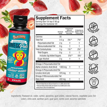 Barlean's Omega Pals Omega 3 for Kids, Yummy Straw-Nana Flavored Children's Liquid Flax Seed Oil Supplement with 1,483 mg ALA, Non-GMO, Vegan Brain & Eye Health, 8 oz
