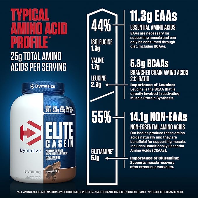 Dymatize Elite Casein Protein Powder, Slow Absorbing with 25g Protein, BCAAs & Leucine for Muscle Building and Overnight Recovery, Rich Chocolate, 4 Pound