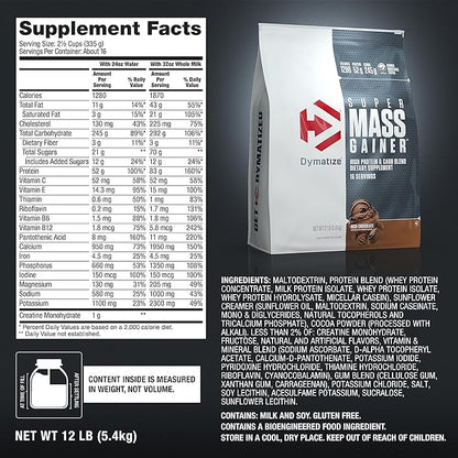 Dymatize Super Mass Gainer Protein Powder, 1280 Calories & 52g Protein,10.7g BCAAs, Mixes Easily, Tastes Delicious, Rich Chocolate, 12 lbs