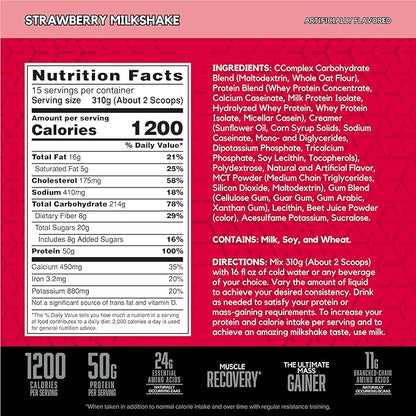 BSN TRUE-MASS Weight Gainer, Muscle Mass Gainer Protein Powder, Strawberry Milkshake, 10.25 Pound