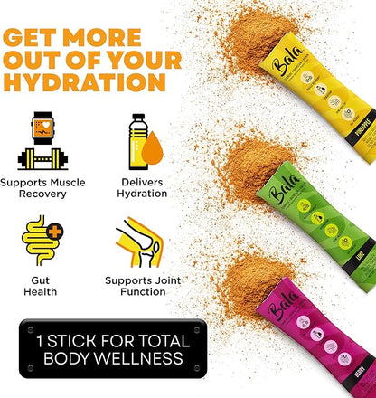 BALA Hydration Turmeric Drink Mix Packet | Sugar-Free Electrolyte Powder, Muscle Recovery, Immune Support, Joint Relief | Plant-Based Enzymes, Bromelain - Variety 1 Count(Pack of 12)