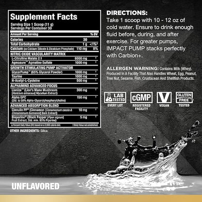 ALLMAX Impact Pump, Unflavored - 330 g - Stim-Free Pre-Workout Formula - Boosts Pumps & Mind-Muscle Connection - with Citrulline Malate & Lion’s Mane - Up to 30 Servings