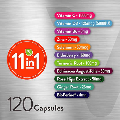 11 in 1 Multivitamin Immune Defense Supplement - Immune Booster Capsules with Vitamin D3, Vitamin B6, Echinacea, Turmeric, Rose-HIPS, Selenium, BioPerine, Ginger, Elderberry Vitamin C and Zinc